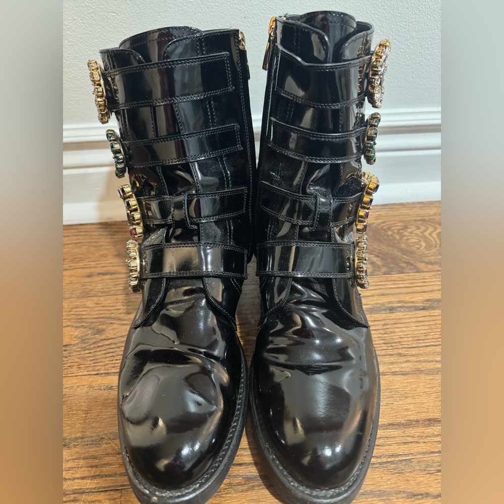 Dolce & Gabbana Glossy Black Moto Boots with Embellished Buckles